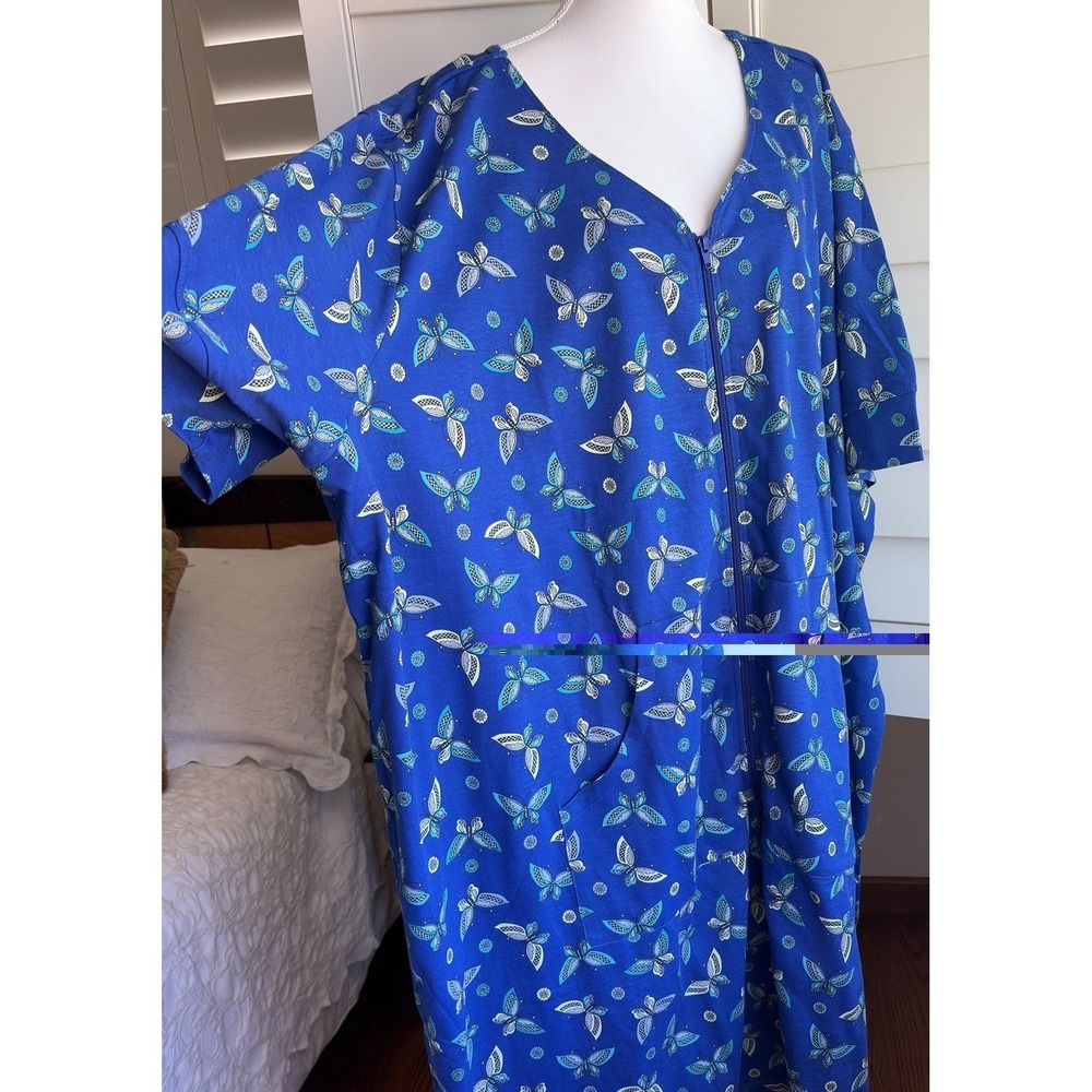 Dreams & Co Women 5X House Dress Robe Blue Butterfly FULL  Zip Front Pockets NEW